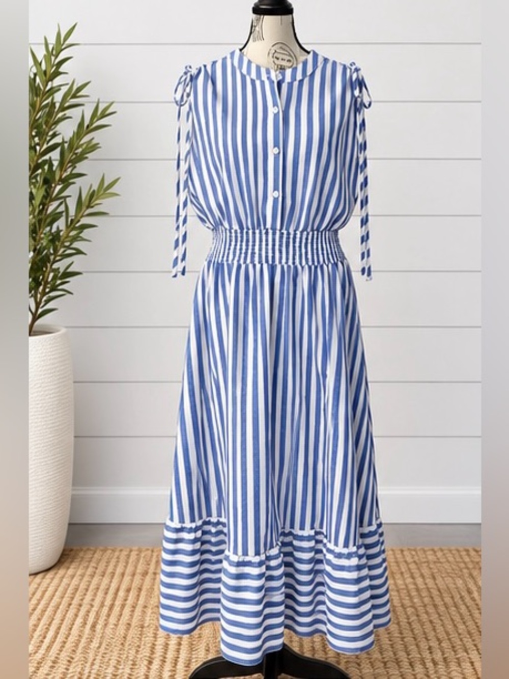 Blue White Striped Smocked Maxi Dress Tie Shoulder Button Front Tiered